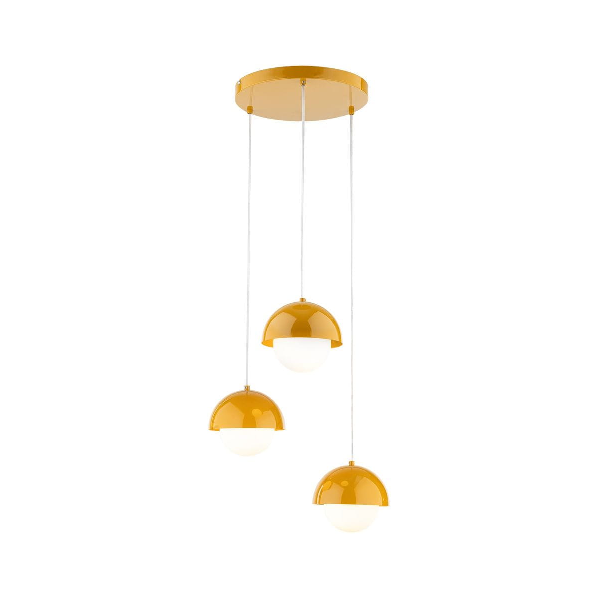 Lampa wisząca Bono 3xG9 w kolorze ochry z trzema okrągłymi kloszami. Klosze mają półkulisty kształt, z górną częścią w kolorze ochry i dolną w białym, umieszczone na białych linkach. Zamocowana na okrągłej podstawie sufitowej.