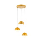 Lampa wisząca Bono 3xG9 w kolorze ochry z trzema okrągłymi kloszami. Klosze mają półkulisty kształt, z górną częścią w kolorze ochry i dolną w białym, umieszczone na białych linkach. Zamocowana na okrągłej podstawie sufitowej.