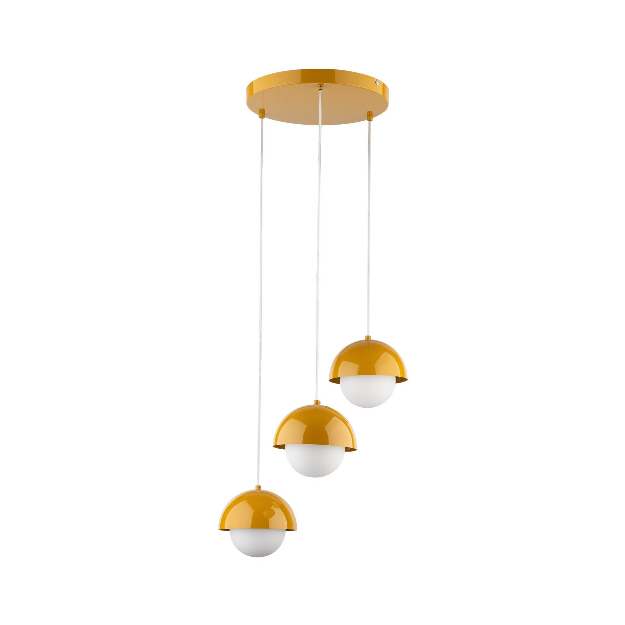 Lampa wisząca Bono 3xG9 w kolorze ochry z trzema kulistymi kloszami. Klosze mają półkulisty kształt, z górną częścią w kolorze żółtym i dolną białą. Produkt zawieszony na białych linkach, przymocowany do okrągłej, złotej podstawy.