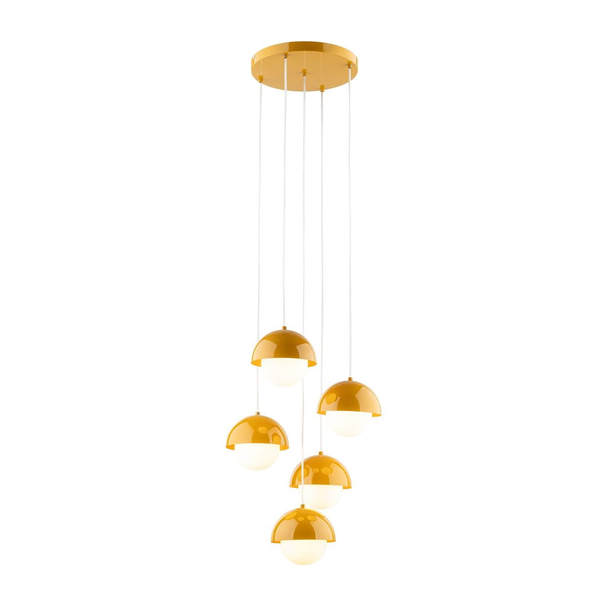 Lampa wisząca Bono 5xG9 w kolorze ochra, z pięcioma okrągłymi kloszami w dwóch odcieniach: górna część błyszcząca, dolna matowa. Klosze zawieszone na cienkich linkach, przymocowane do okrągłej podstawy sufitowej.