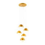 Lampa wisząca Bono 5xG9 w kolorze ochra, z pięcioma okrągłymi kloszami w dwóch odcieniach: górna część błyszcząca, dolna matowa. Klosze zawieszone na cienkich linkach, przymocowane do okrągłej podstawy sufitowej.
