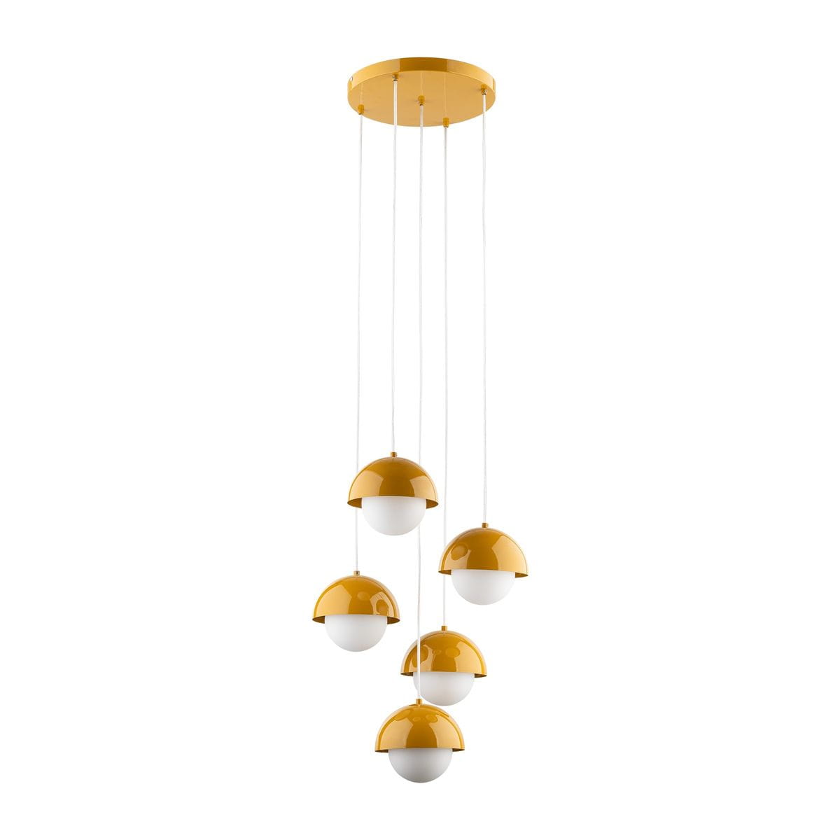 Lampa wisząca Bono z pięcioma źródłami światła G9. Składa się z okrągłych kloszy w połowie białych, w połowie w kolorze ochry, zawieszonych na cienkich linkach. Elementy montażowe w kolorze złotym, sufitowa podsufitka okrągła.