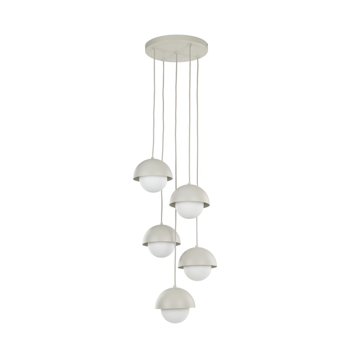 Lampa wisząca Bono w kolorze beżowym z pięcioma kloszami G9, z metalowymi półkulami i szklanymi kulami. Produkt zawieszony na długich przewodach, mocowany do okrągłej podstawy sufitowej. Prosty, nowoczesny design.