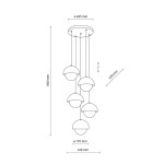 Lampa wisząca Bono w kolorze beżowym, z pięcioma kloszami w kształcie półkul, zawieszona na cienkich linkach. Średnica kloszy wynosi 170 mm, a średnica podstawy 285 mm. Wysokość całkowita wynosi 1400 mm.