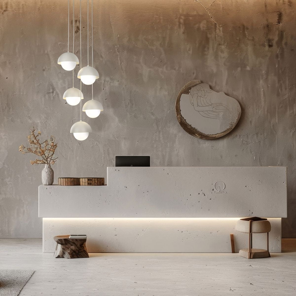 Beżowa lampa wisząca Bono z pięcioma kloszami G9, zawieszona na długich linkach, w minimalistycznym wnętrzu z betonową ścianą. Klosze mają półkulisty kształt, emitując ciepłe światło nad nowoczesnym biurkiem.