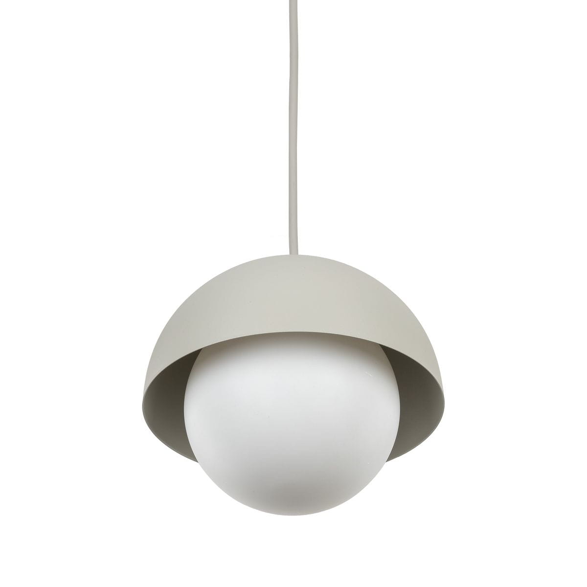 Lampa wisząca Bono D17 w kolorze beżowym z oprawą w kształcie półkuli, z białą, okrągłą żarówką G9. Ujęcie frontalne, zawieszona na cienkim kablu. Prosty, nowoczesny design.