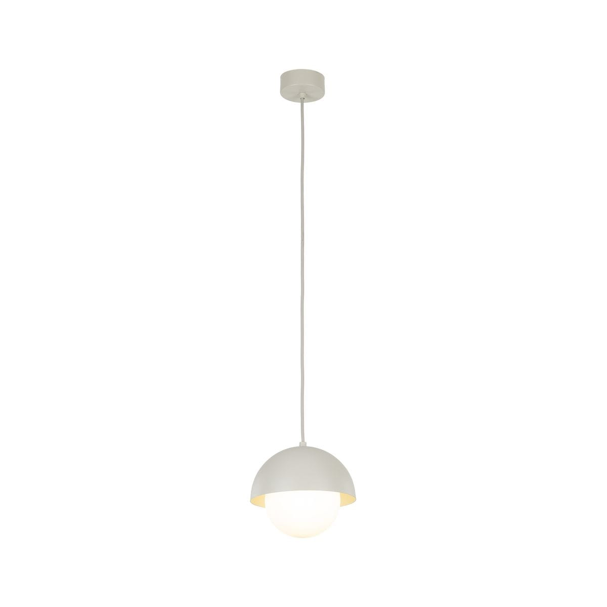 Beżowa lampa wisząca Bono D17 z kloszem w formie półkuli i białym, przezroczystym szklanym elementem. Zawieszona na długim, białym przewodzie, montowana do sufitu. Idealna do nowoczesnych wnętrz.