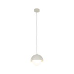Beżowa lampa wisząca Bono D17 z kloszem w formie półkuli i białym, przezroczystym szklanym elementem. Zawieszona na długim, białym przewodzie, montowana do sufitu. Idealna do nowoczesnych wnętrz.