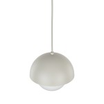 Beżowa lampa wisząca Bono D17 z jedną oprawą G9, o zaokrąglonym kształcie z matowego metalu, zawieszona na cienkim przewodzie. Dolna część lampy ma mleczne wykończenie, co zapewnia miękkie światło.