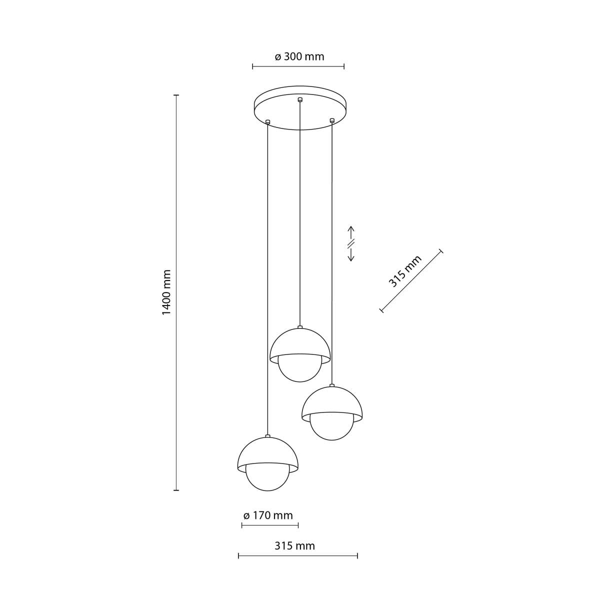 Beżowa lampa wisząca Bono z trzema kloszami, każdy o średnicy 170 mm, zawieszona na regulowanych linkach. Całkowita długość wynosi 1400 mm, a średnica podsufitki to 300 mm. Klosze mają półkulisty kształt, tworząc nowoczesny wygląd.