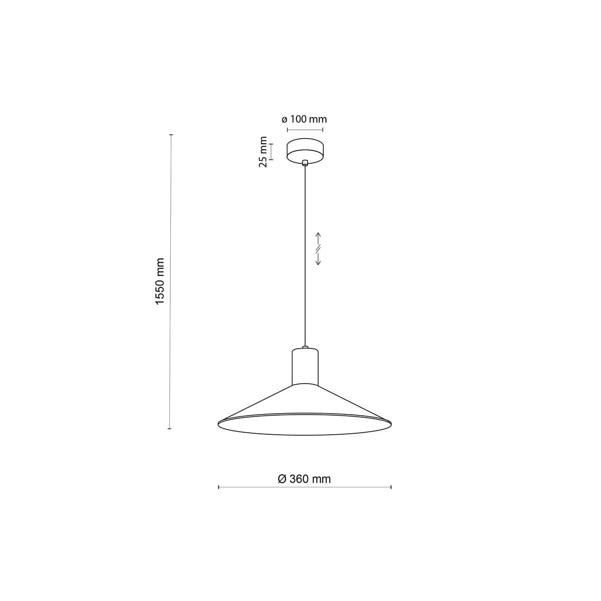 Czarna lampa wisząca Jump z oprawą na żarówkę E27, o średnicy 360 mm i wysokości 1550 mm. Posiada minimalistyczny kształt z płaskim kloszem i cienkim kabelkiem, idealna do nowoczesnych wnętrz.