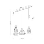 Lampa wisząca Modesto 3xGU10 w kolorze czarnym, z trzema kloszami o geometrycznym kształcie. Wymiary: 820 mm szerokości, 1400 mm wysokości. Ujęcie z przodu, pokazujące szczegóły konstrukcji i długości zawieszenia.