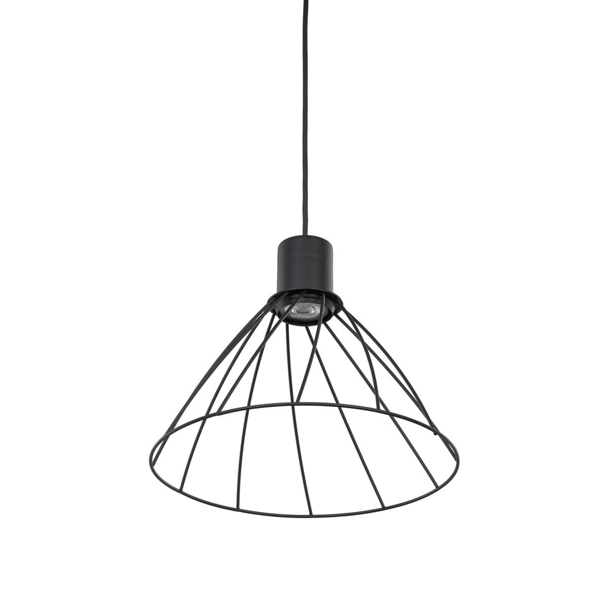 Czarna lampa wisząca Modesto D29,5 z kloszem w formie stożka z metalowej siatki, z miejscem na żarówkę GU10. Produkt zawieszony na cienkim przewodzie, widoczny z przodu, na białym tle.