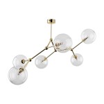 Lampa sufitowa Fairy w kolorze złotym i transparentnym, z sześcioma okrągłymi kloszami, montowana na suficie. Klosze wykonane z przezroczystego szkła, połączone złotymi ramionami. Modernistyczny design, idealna do nowoczesnych wnętrz.