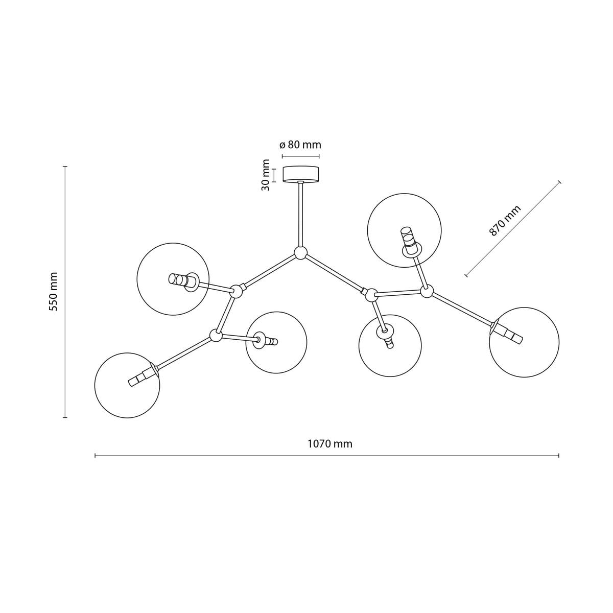Lampa sufitowa Fairy 6xG9 w kolorze złotym i transparentnym, o wymiarach 1070 mm x 870 mm. Posiada sześć kulistych kloszy montowanych na elastycznych ramionach, z okrągłą podstawą o średnicy 80 mm.