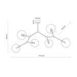 Lampa sufitowa Fairy 6xG9 w kolorze złotym i transparentnym, o wymiarach 1070 mm x 870 mm. Posiada sześć kulistych kloszy montowanych na elastycznych ramionach, z okrągłą podstawą o średnicy 80 mm.