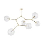 Lampa sufitowa Fairy w kolorze złotym z transparentnymi kloszami, posiadająca sześć punktów świetlnych G9. Produkowana z metalu i szkła, ma nowoczesny, geometryczny kształt, wisząca z sufitu. Idealna do aranżacji wnętrz.