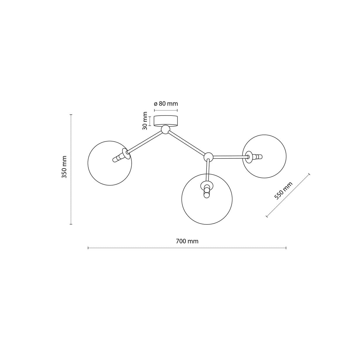 Lampa sufitowa Fairy w kolorze złotym i przezroczystym, z trzema kulistymi kloszami G9. Wymiary: długość 700 mm, wysokość 350 mm. Konstrukcja z metalowymi elementami, nowoczesny design. Idealna do różnych wnętrz.