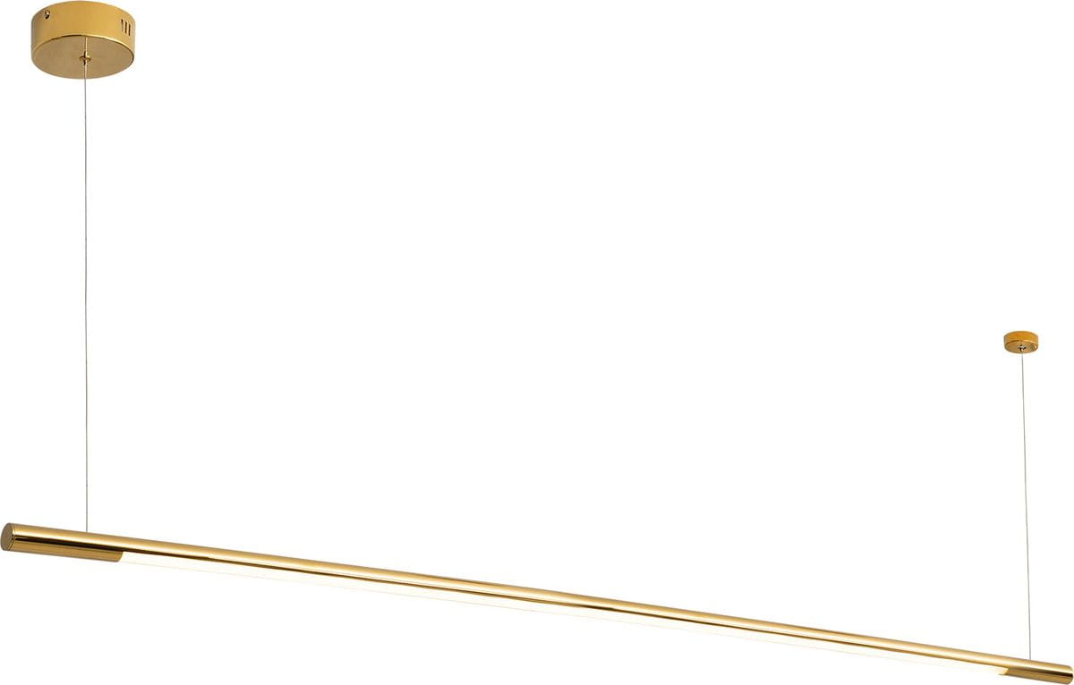 Lampa wisząca Organic D150 w kolorze złotym, z pojedynczym źródłem LED o mocy 26W. Ujęcie frontalne, lampa w poziomie, zawieszona na cienkich linkach. Gładka, metalowa powierzchnia, minimalistyczny design. Tło białe, co podkreśla kolor lampy.