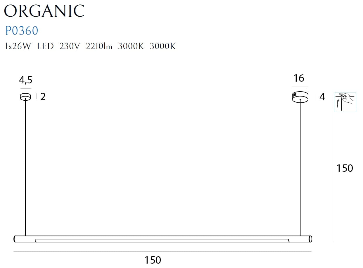 Lampa wisząca Organic D150 w złotym kolorze, z jednym źródłem LED o mocy 26W. Kształt prostokątny, zawieszona na cienkim kablu. Wymiary: długość 150 cm, szerokość 4,5 cm, wysokość 16 cm, idealna do nowoczesnych wnętrz.