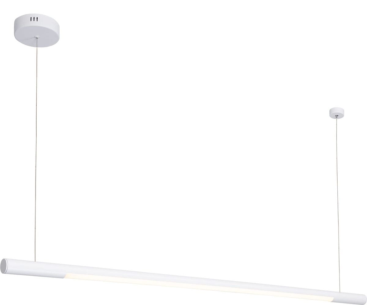 Lampa wisząca Organic 100, biała, z jedną diodą LED o mocy 16W. Prosty, cylindryczny kształt lampy zawieszony na cienkim sznurku, z płaskim, okrągłym mocowaniem sufitowym. Tło białe, co podkreśla minimalistyczny design.