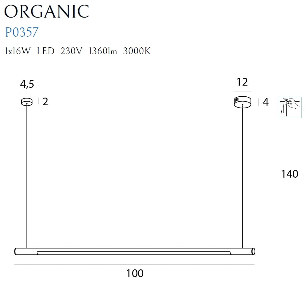 Lampa wisząca Organic 100 w kolorze białym, z jednym źródłem LED o mocy 16W. Wymiary: długość 100 cm, wysokość 140 cm. Okrągła podsufitka, minimalistyczny design, idealna do nowoczesnych wnętrz.