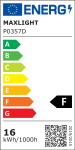 Lampa wisząca Organic 100 w kolorze białym, z pojedynczym źródłem światła LED o mocy 16W. Widoczna etykieta energetyczna z oznaczeniem F oraz informacją o zużyciu energii 16 kWh/1000h.