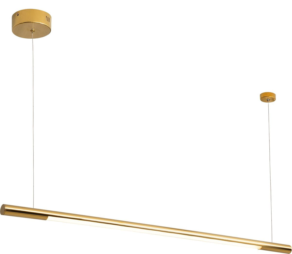 Lampa wisząca Organic 100 w kolorze złotym, przymocowana do sufitu na cienkim kabelku. Posiada prostokątny, smukły korpus z jedną diodą LED o mocy 16W, zawieszona w pozycji poziomej. Tło białe, co podkreśla elegancki wygląd lampy.