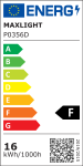 Lampa wisząca Organic 100 w kolorze złotym, z jednym źródłem LED o mocy 16W. Widok frontalny z etykietą energetyczną klasy F, informującą o zużyciu energii (16 kWh/1000h). Prosta forma, metaliczne wykończenie.
