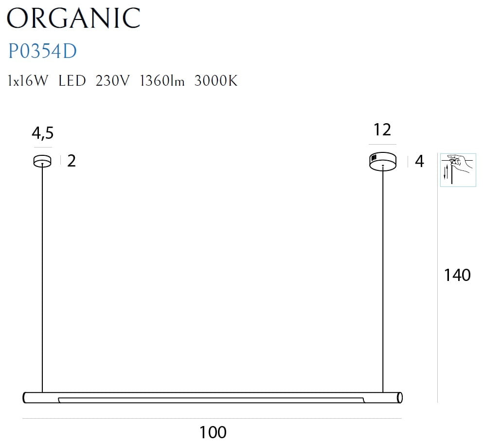 Lampa wisząca Organic 100, czarna, z pojedynczym źródłem światła LED 16W. Kształt prostokątny, wymiary 100 cm długości, zawieszona na cienkim przewodzie. Wysokość całkowita 140 cm, emitująca ciepłe światło (3000K), idealna do nowoczesnych wnętrz.