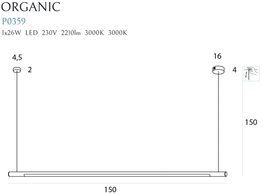Lampa wisząca Organic o długości 150 cm, wykonana w chromowanym wykończeniu. Posiada jedno źródło światła LED o mocy 26W, 2210 lm i barwie 3000K. Zawieszona na cienkim przewodzie, z okrągłym mocowaniem na suficie.