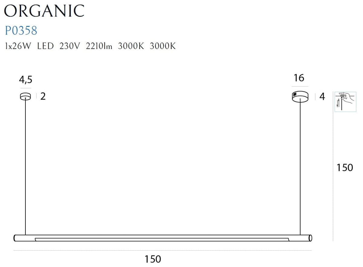 Lampa wisząca Organic 150, czarna, z jedną żarówką LED 26W, o wymiarach 150 cm długości i 4,5 cm szerokości. Prosty, minimalistyczny design, zawieszona na cienkim przewodzie, idealna do nowoczesnych wnętrz.