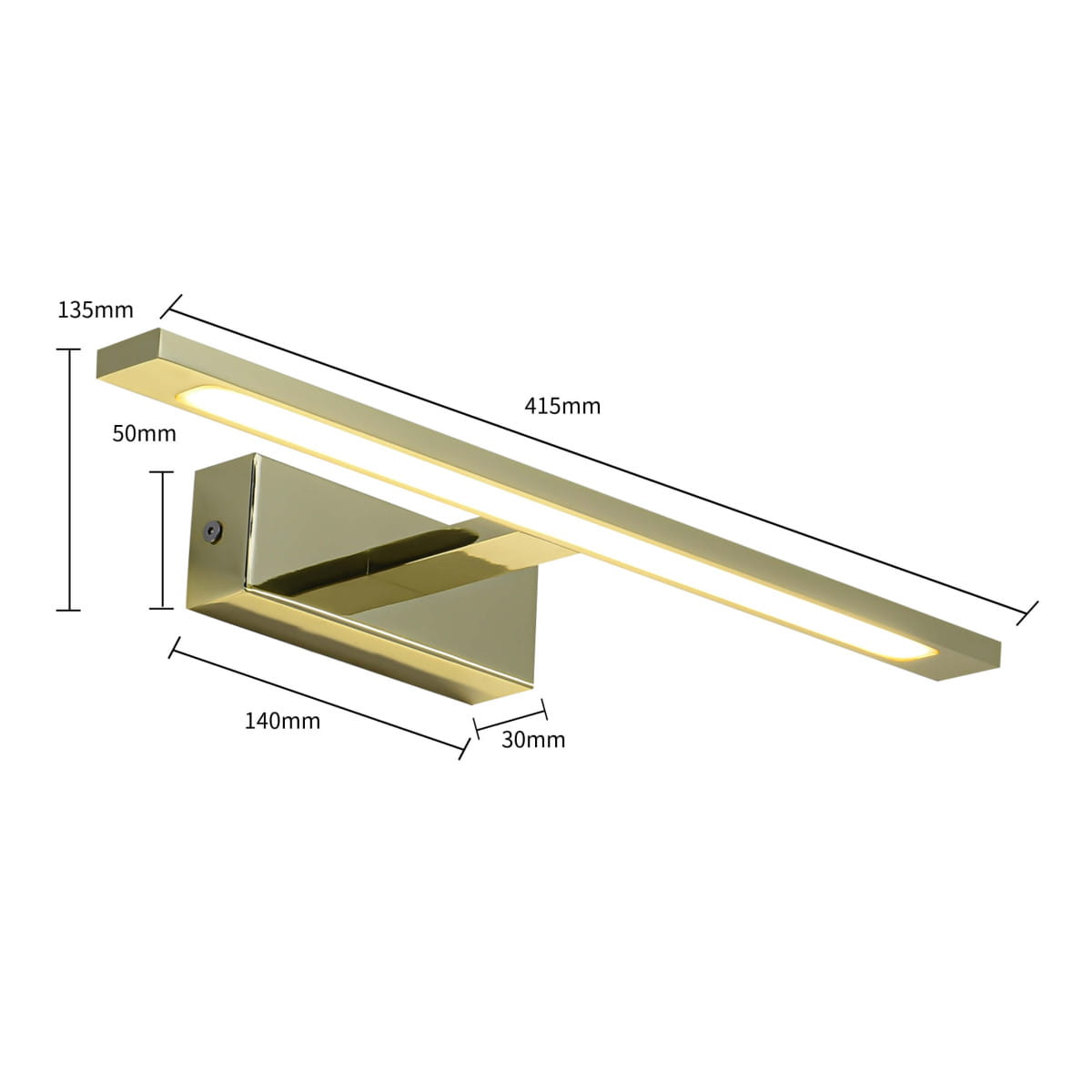 Kinkiet LED Isla IP44 w kolorze złotym, o wymiarach 415mm x 135mm x 50mm, z prostokątnym korpusem i wbudowanym źródłem światła. Montowany na ścianie, z nowoczesnym designem, idealny do oświetlenia wnętrz.