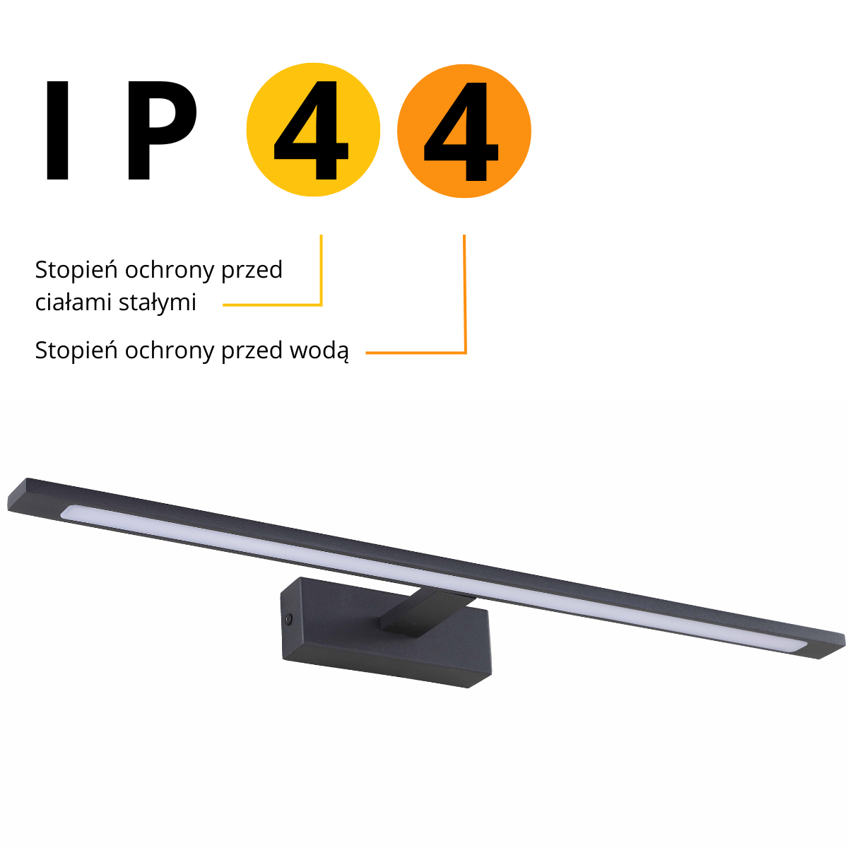 Kinkiet LED Isla IP44 w kolorze czarnym. Prosta, pozioma konstrukcja z wbudowanym oświetleniem. Widoczny napis IP44 informujący o odporności na wodę i ciała stałe. Ułożenie produktu w pozycji poziomej, montowany na ścianie.
