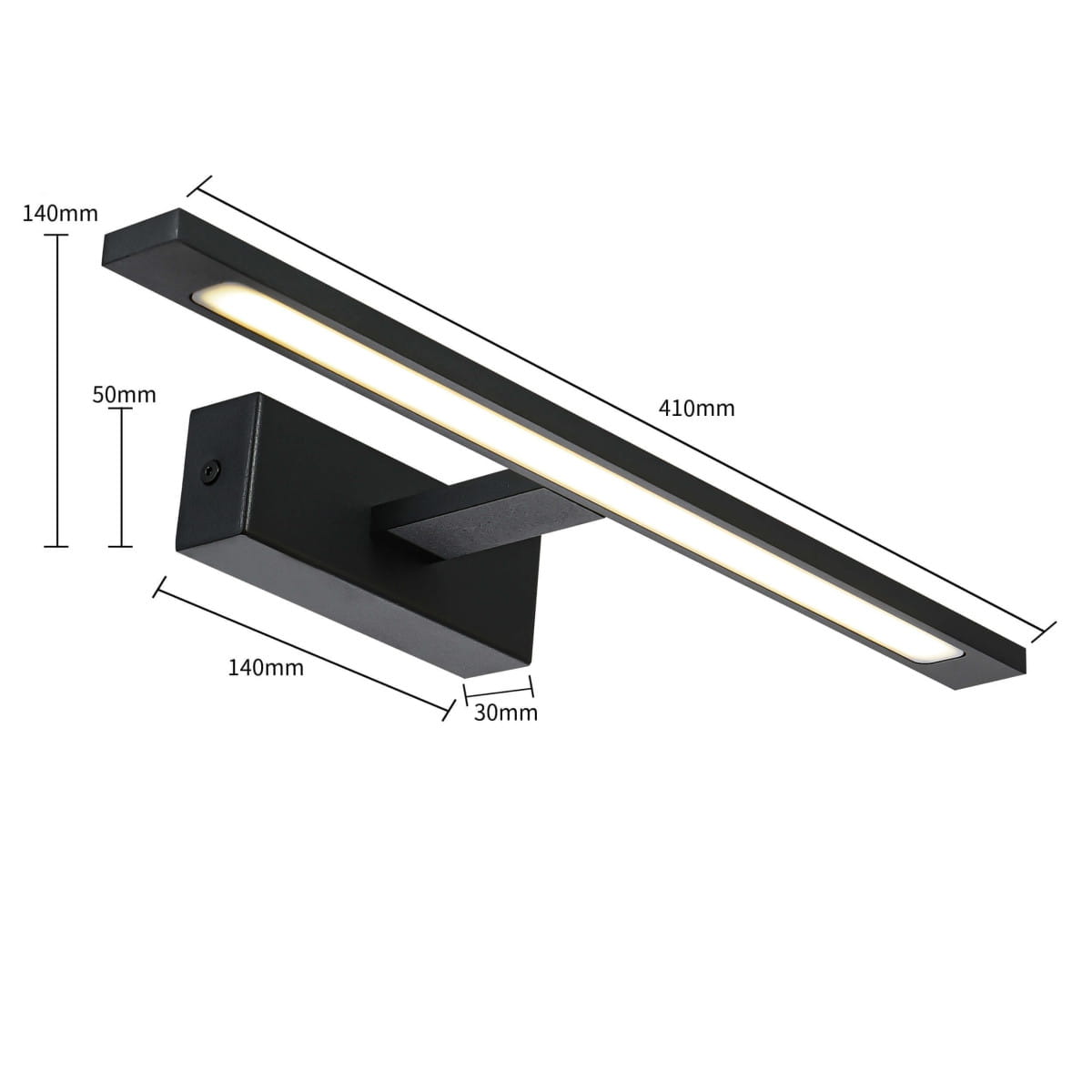 Kinkiet LED Isla IP44 w kolorze czarnym, o wymiarach 410 mm długości, 140 mm wysokości i 30 mm szerokości. Posiada prostokątną, matową obudowę oraz wbudowane oświetlenie. Ujęcie z boku, ukazujące szczegóły konstrukcji.