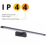 Kinkiet LED Isla IP44 o długości 62 cm i mocy 20 W w kolorze czarnym. Posiada prostokątną, matową obudowę oraz wbudowane źródło światła. Ochrona IP44 oznacza odporność na ciała stałe i wodę, co czyni go idealnym do łazienek lub na zewnątrz.
