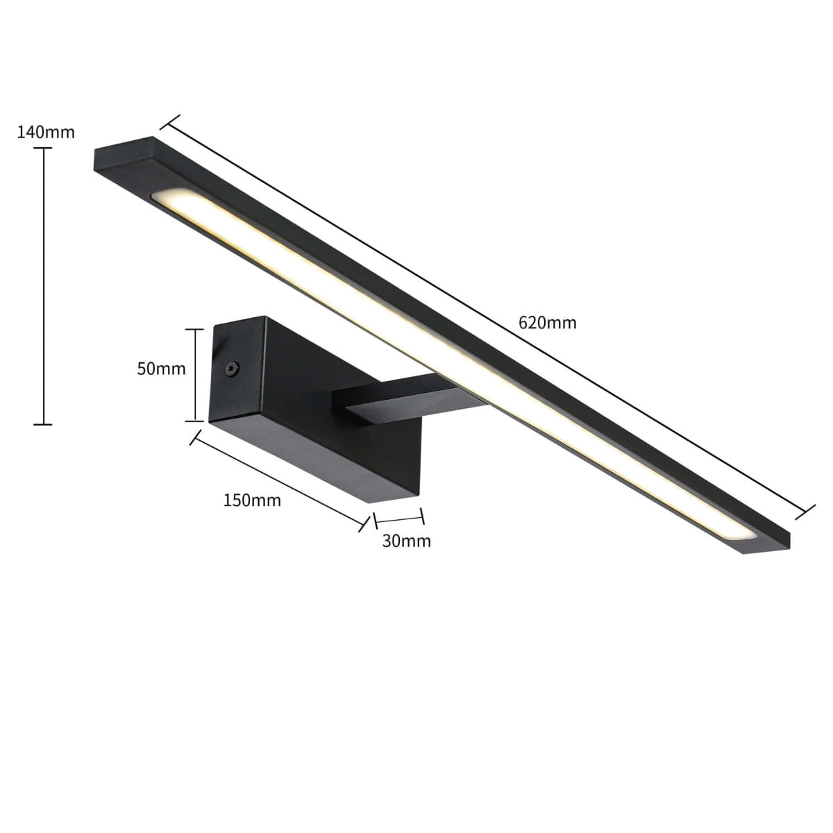 Kinkiet LED Isla IP44 w kolorze czarnym, o wymiarach 620 mm długości, 140 mm wysokości i 30 mm szerokości. Posiada prostokątną, płaską obudowę z matowym wykończeniem oraz wbudowane źródło światła. Montaż na ścianie, widok z boku.