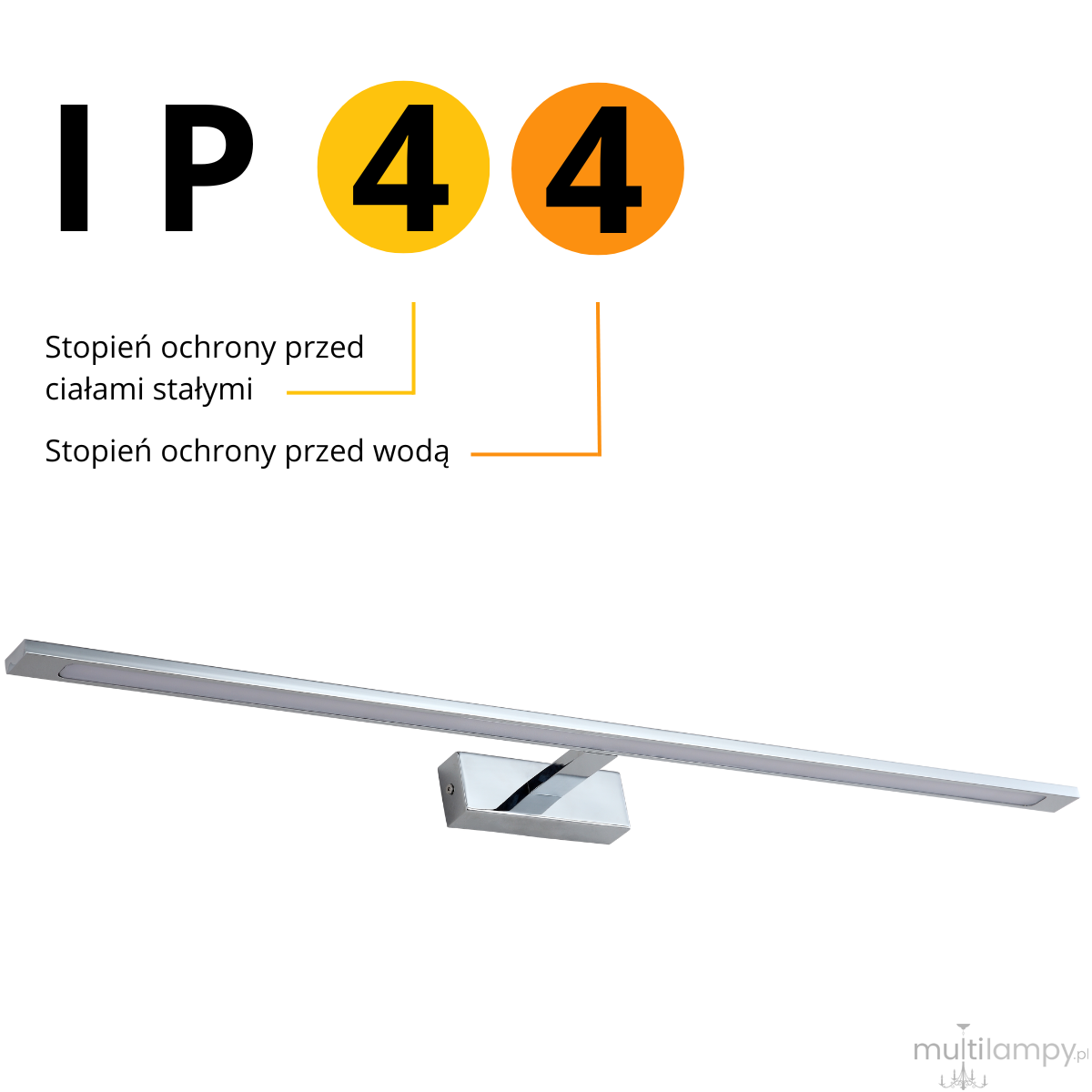 Kinkiet LED Isla IP44 w kolorze chromowym, o długości 62 cm i mocy 20W. Ułożony poziomo, z elegancką, prostokątną podstawą. Oznaczenie IP44 wskazuje na ochronę przed wodą i ciałami stałymi. Tekst informacyjny na tle białym.