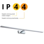 Kinkiet LED Isla IP44 w kolorze chromowym, o długości 62 cm i mocy 20W. Ułożony poziomo, z elegancką, prostokątną podstawą. Oznaczenie IP44 wskazuje na ochronę przed wodą i ciałami stałymi. Tekst informacyjny na tle białym.