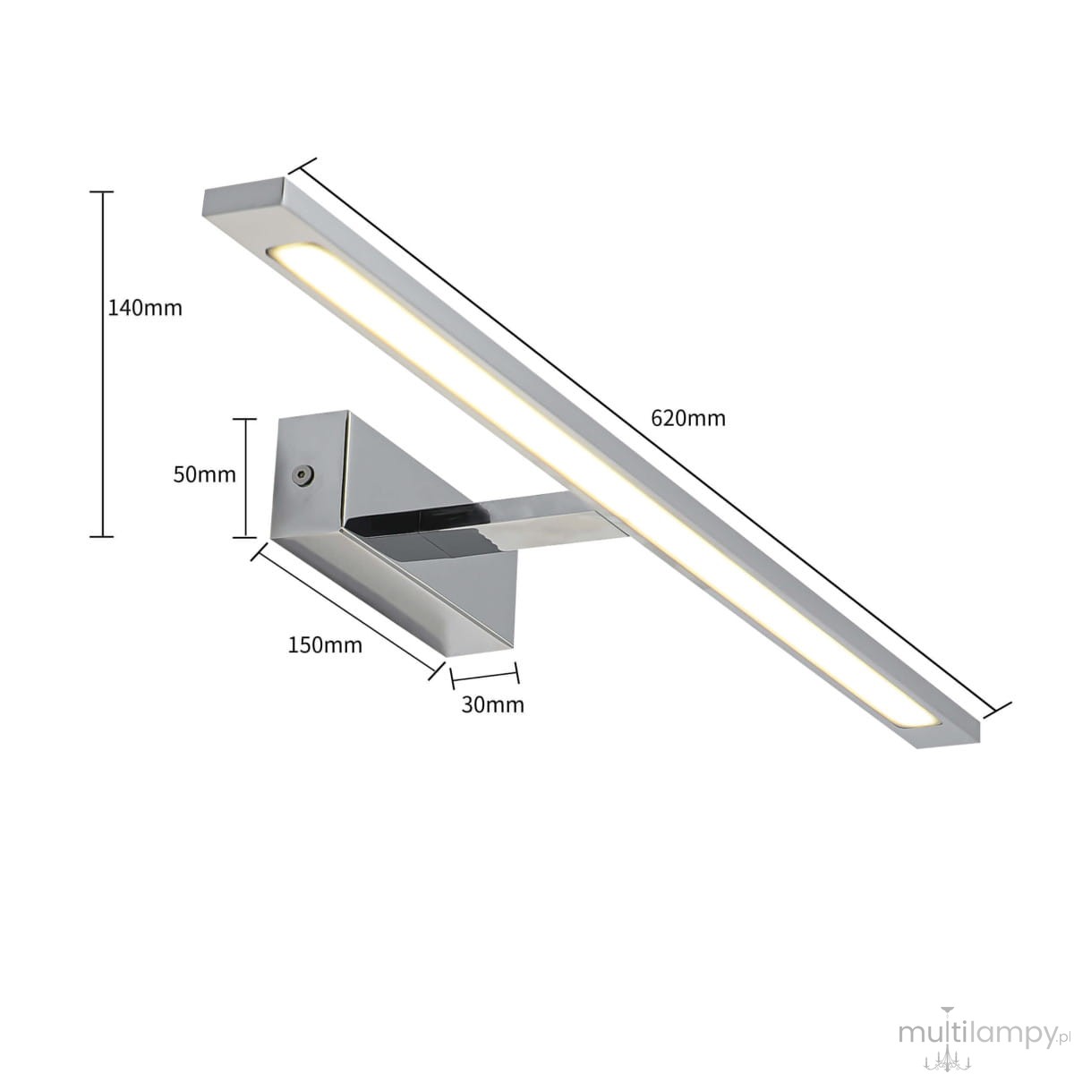 Kinkiet LED Isla IP44 w kolorze chromu, o wymiarach 620 mm długości, 140 mm wysokości i 30 mm szerokości. Posiada prostą, liniową konstrukcję z wbudowanym źródłem światła. Element montażowy o wymiarach 150 mm x 50 mm.