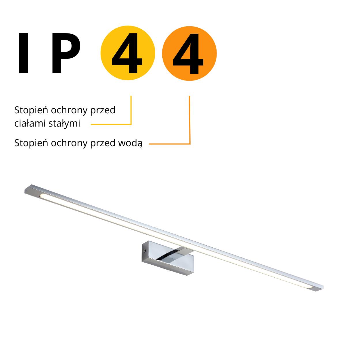 Kinkiet LED Isla IP44 w kolorze chromu, prostokątny z cienką linią światła, zamontowany na metalowej podstawie. Wysoka odporność na wodę i ciała stałe, idealny do łazienek i przestrzeni wilgotnych.