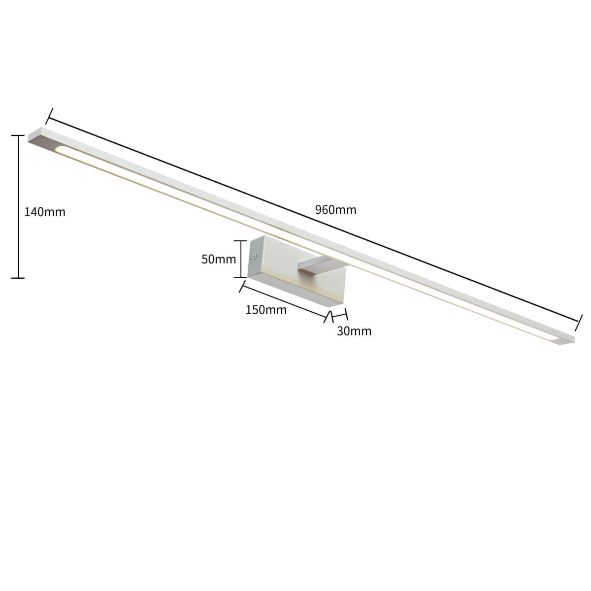 Kinkiet LED Isla IP44 o długości 960 mm i wysokości 140 mm, w kolorze chromu, z prostokątnym uchwytem. Oświetlenie ma nowoczesny, minimalistyczny design. Widoczne wymiary to 50 mm szerokości i 30 mm głębokości.