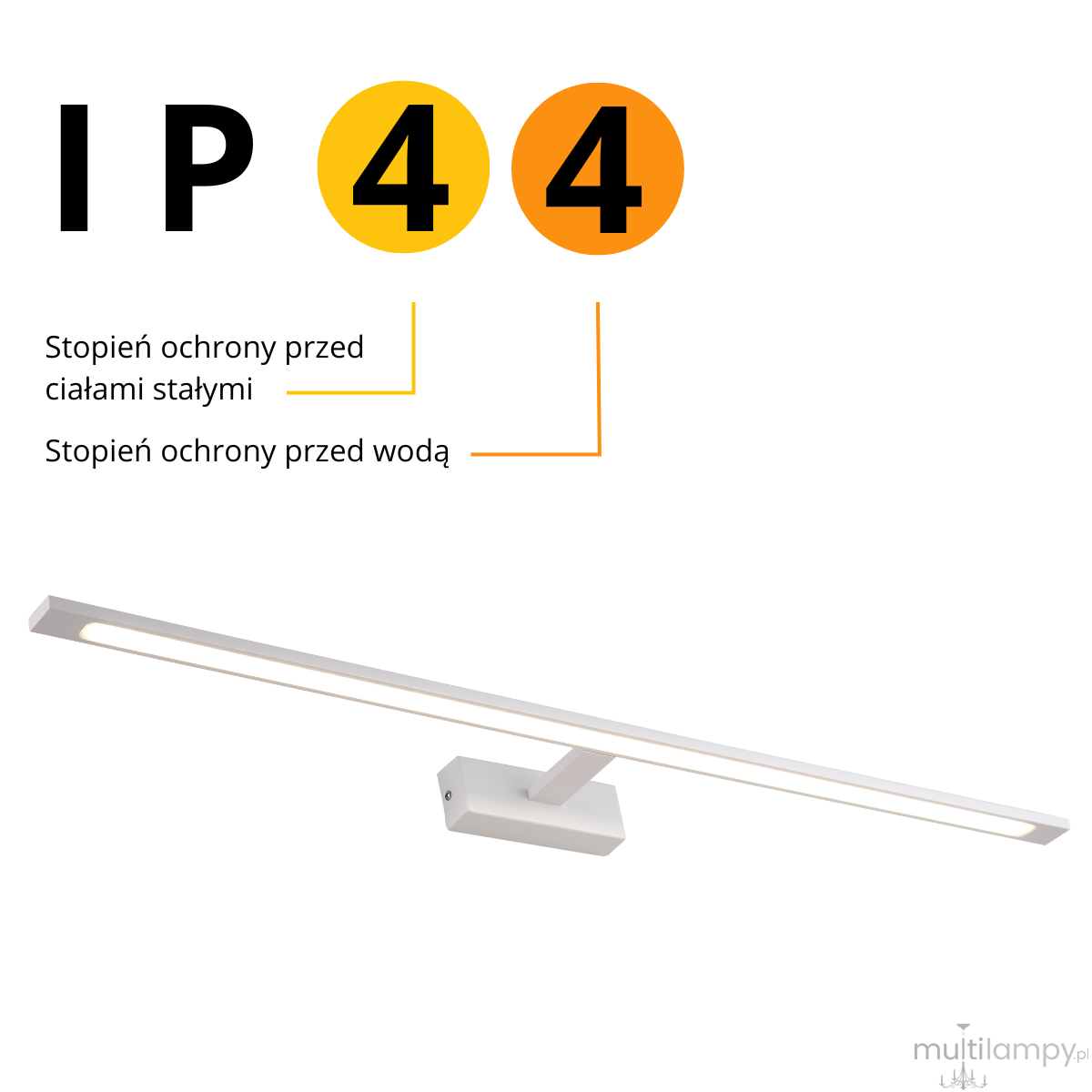 Kinkiet LED Isla IP44 w białym kolorze, z prostokątnym korpusem i wąskim, długim kloszem. Produkt montowany na ścianie, odporny na wodę i ciała stałe. Widoczne oznaczenie IP44 oraz opis stopnia ochrony.