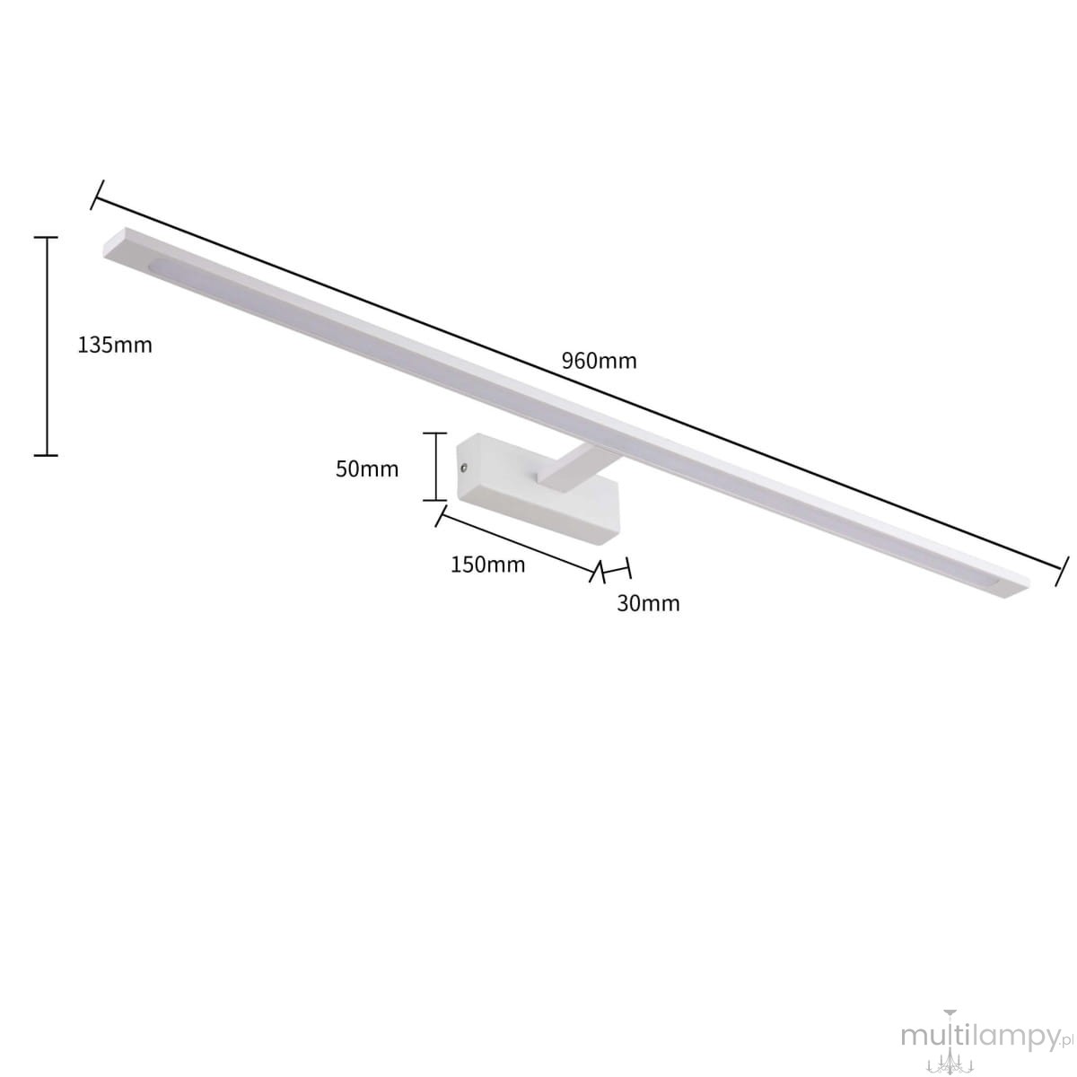 Kinkiet LED Isla IP44 w kolorze białym, o wymiarach 960 mm długości, 135 mm wysokości i 30 mm szerokości. Prosty, prostokątny kształt z montażem na ścianę, idealny do oświetlenia wnętrz. Wysoka jakość wykonania, nowoczesny design.