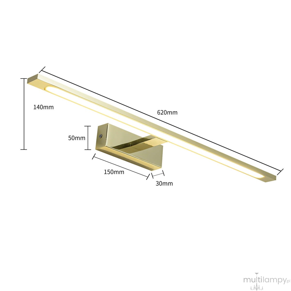 Kinkiet LED Isla IP44 w kolorze złotym, o wymiarach 620 mm długości, 140 mm wysokości, 50 mm szerokości, z prostokątnym, minimalistycznym designem i wbudowanym źródłem światła. Montaż na ścianie.
