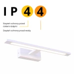 Kinkiet LED Isla IP44 w kolorze białym, o wymiarach L41 cm i mocy 12W, z prostokątnym korpusem i wbudowanym źródłem światła. Widoczny stopień ochrony IP44, chroniący przed ciałami stałymi i wodą. Zawieszony w pozycji poziomej.