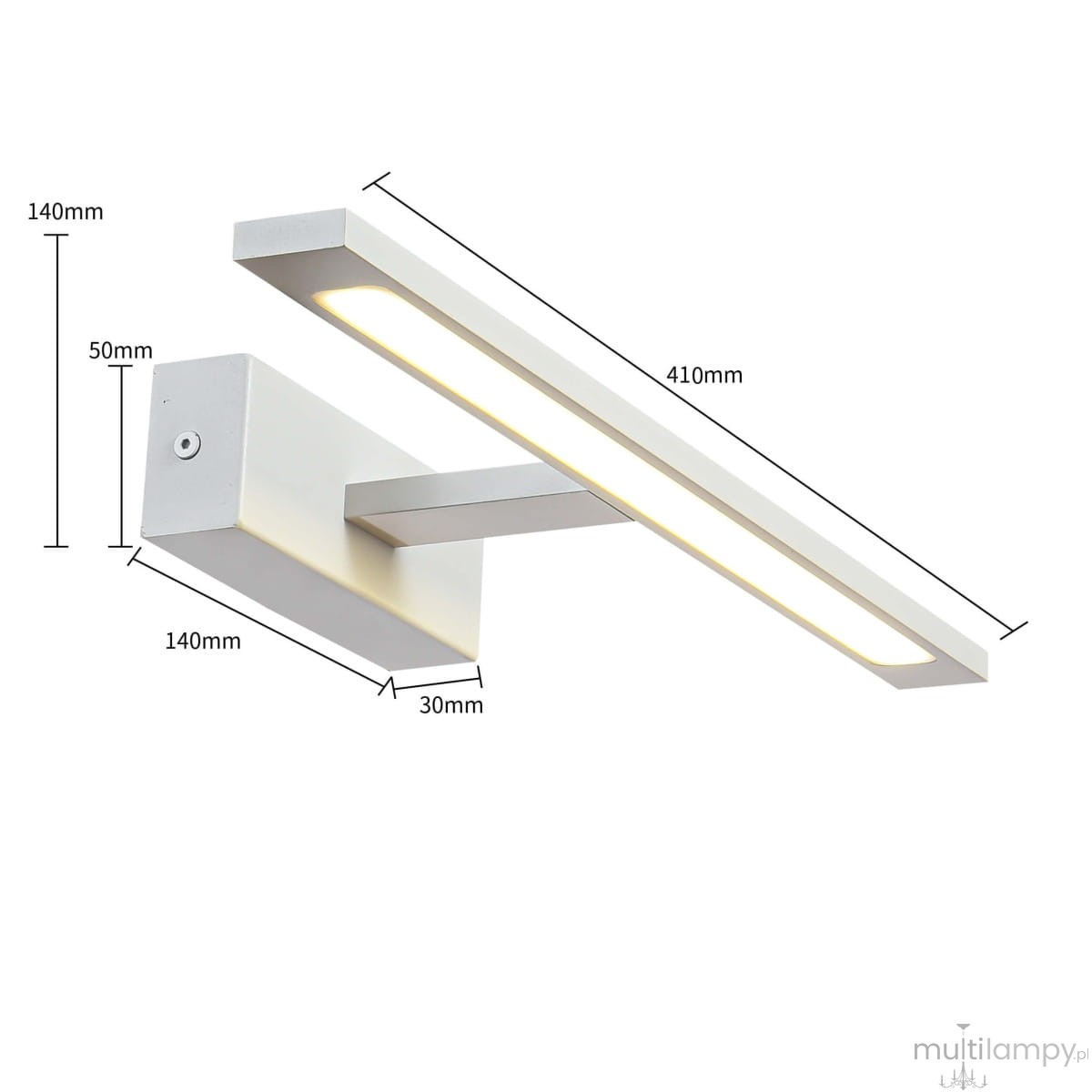Kinkiet LED Isla IP44 w kolorze białym, o wymiarach 410 mm długości, 140 mm wysokości i 30 mm szerokości. Posiada prostokątną obudowę oraz wbudowane źródło światła. Ujęcie z boku, ukazujące detale konstrukcji i wymiary.