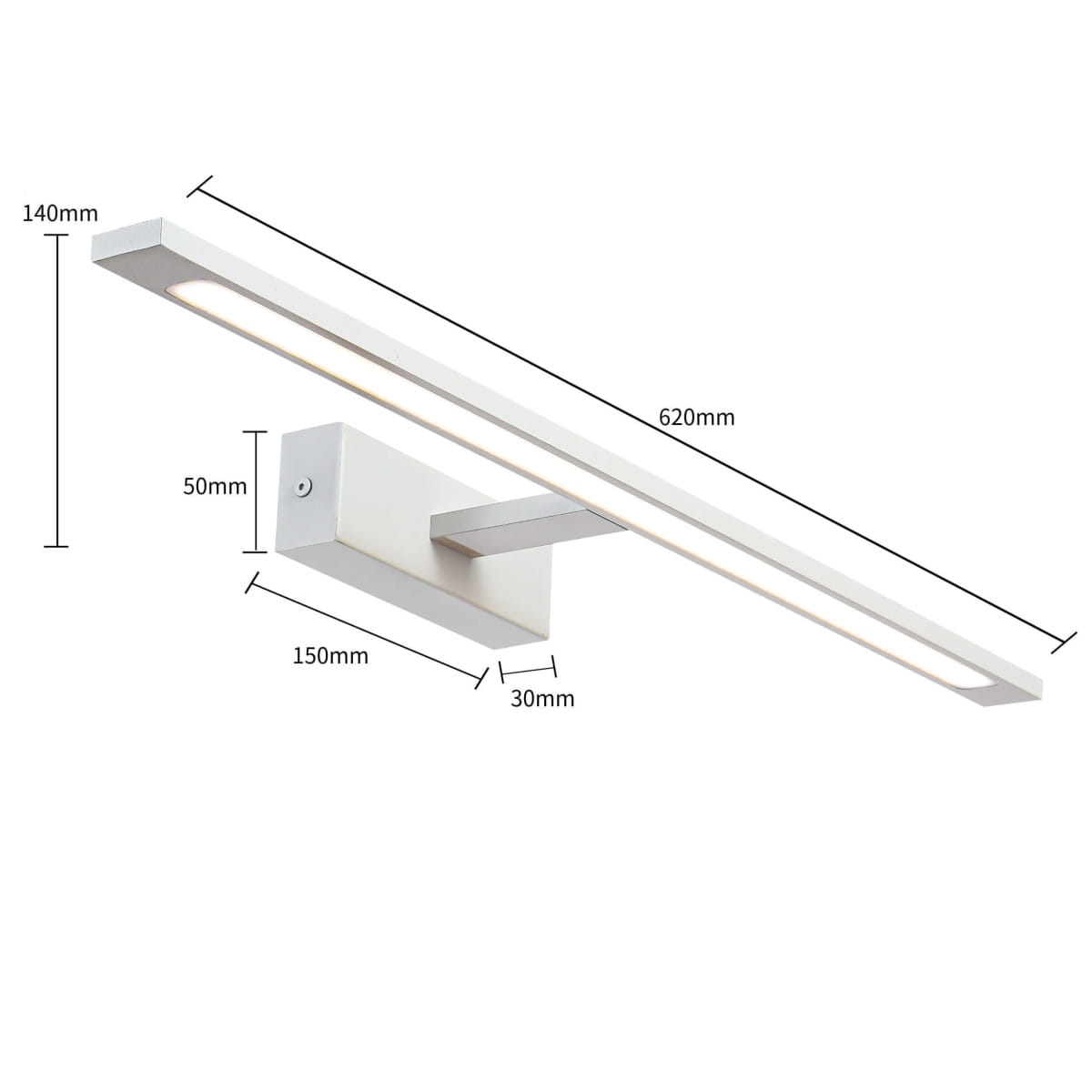 Isla IP44 kinkiet LED w kolorze białym, o prostokątnym kształcie. Wymiary: długość 620 mm, wysokość 140 mm, głębokość 50 mm. Posiada wbudowane źródło światła LED. Montaż ścienny, minimalistyczny design.