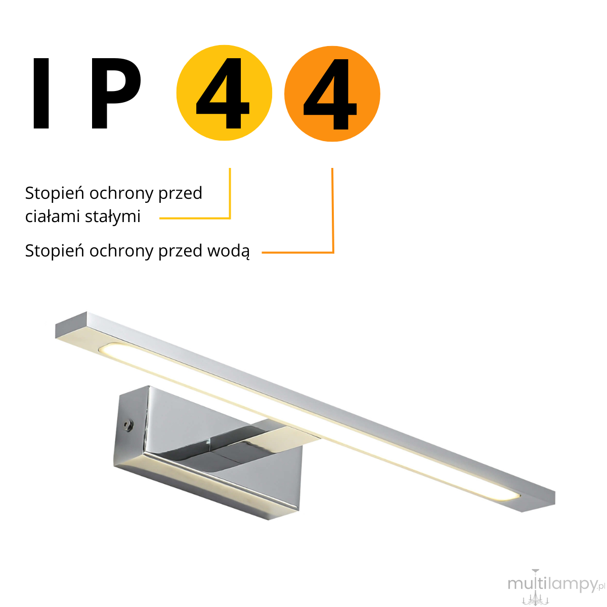 Kinkiet LED Isla IP44 w chromowanej obudowie, o prostokątnym kształcie. Wyposażony w wąski pasek światła LED. Widoczny stopień ochrony IP44, co zapewnia odporność na wodę i ciała stałe. Produkt montowany na ścianie.