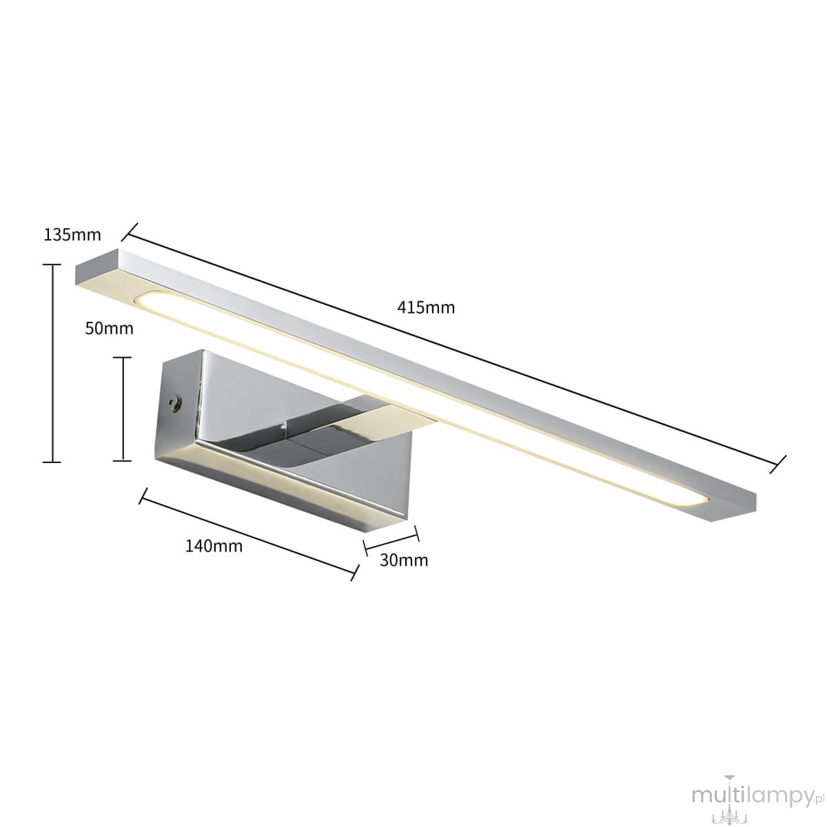 Kinkiet LED Isla IP44 w kolorze chromu, o wymiarach 415mm długości i 135mm wysokości. Posiada prostokątną, minimalistyczną obudowę oraz wbudowane źródło światła, montowany na ścianie. Idealny do nowoczesnych wnętrz.
